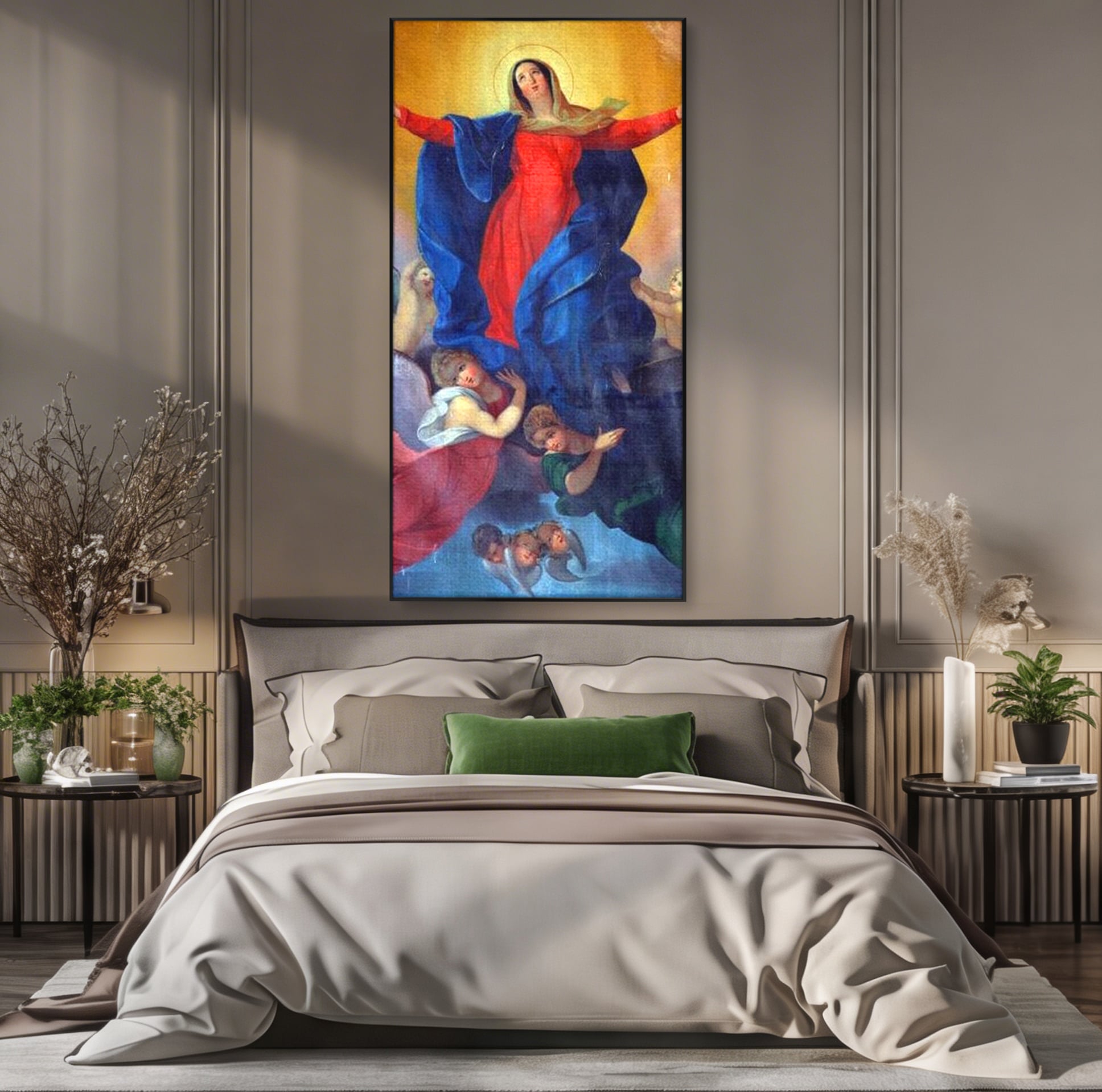 Tablou canvas cu tablou canvas cu fecioara si ingeri, in rama de aluminiu negru, pe perete intr-un dormitor